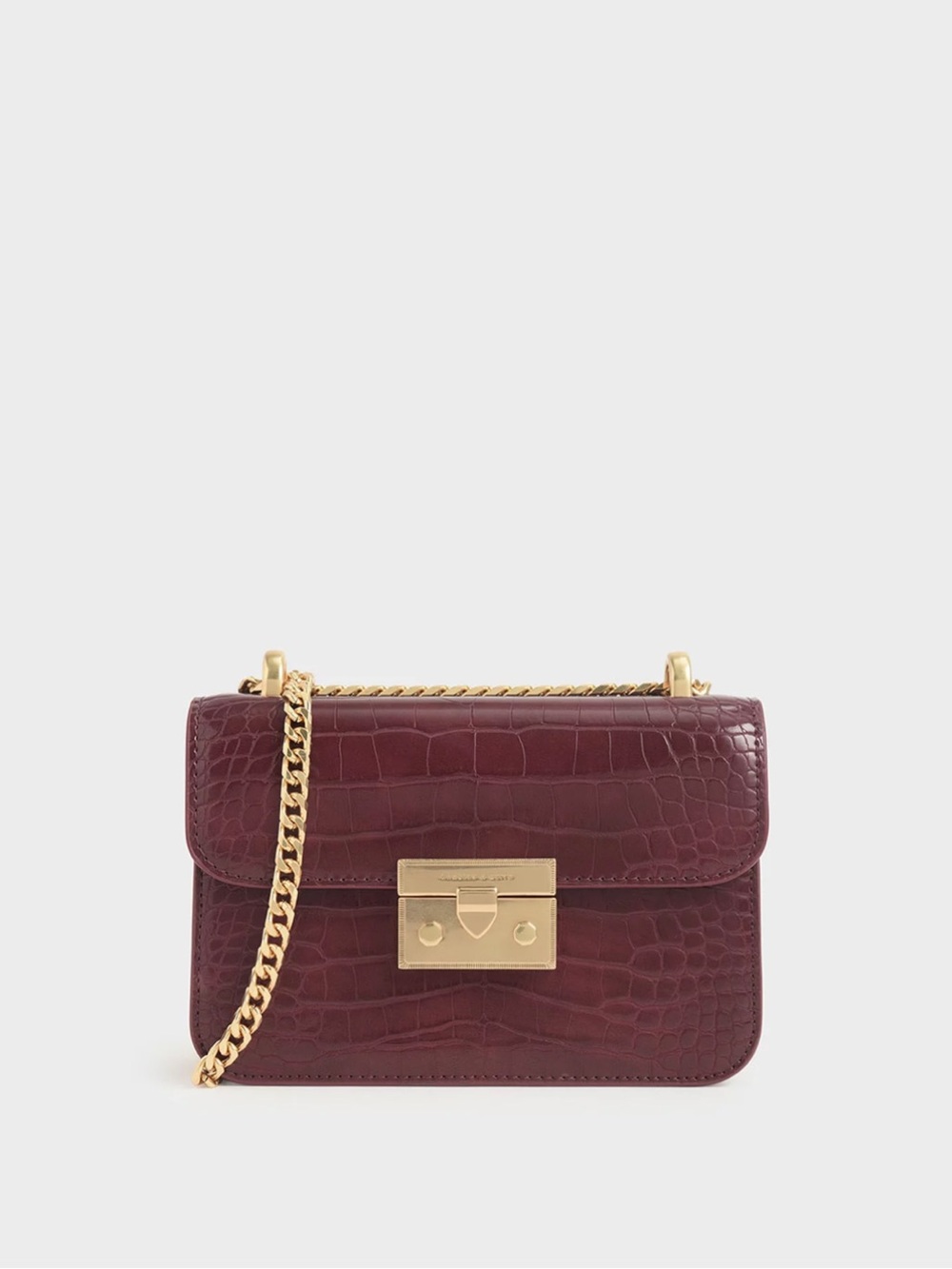 Burgundy Charles & Keith Croc-Effect Boxy Chain Strap Bag
